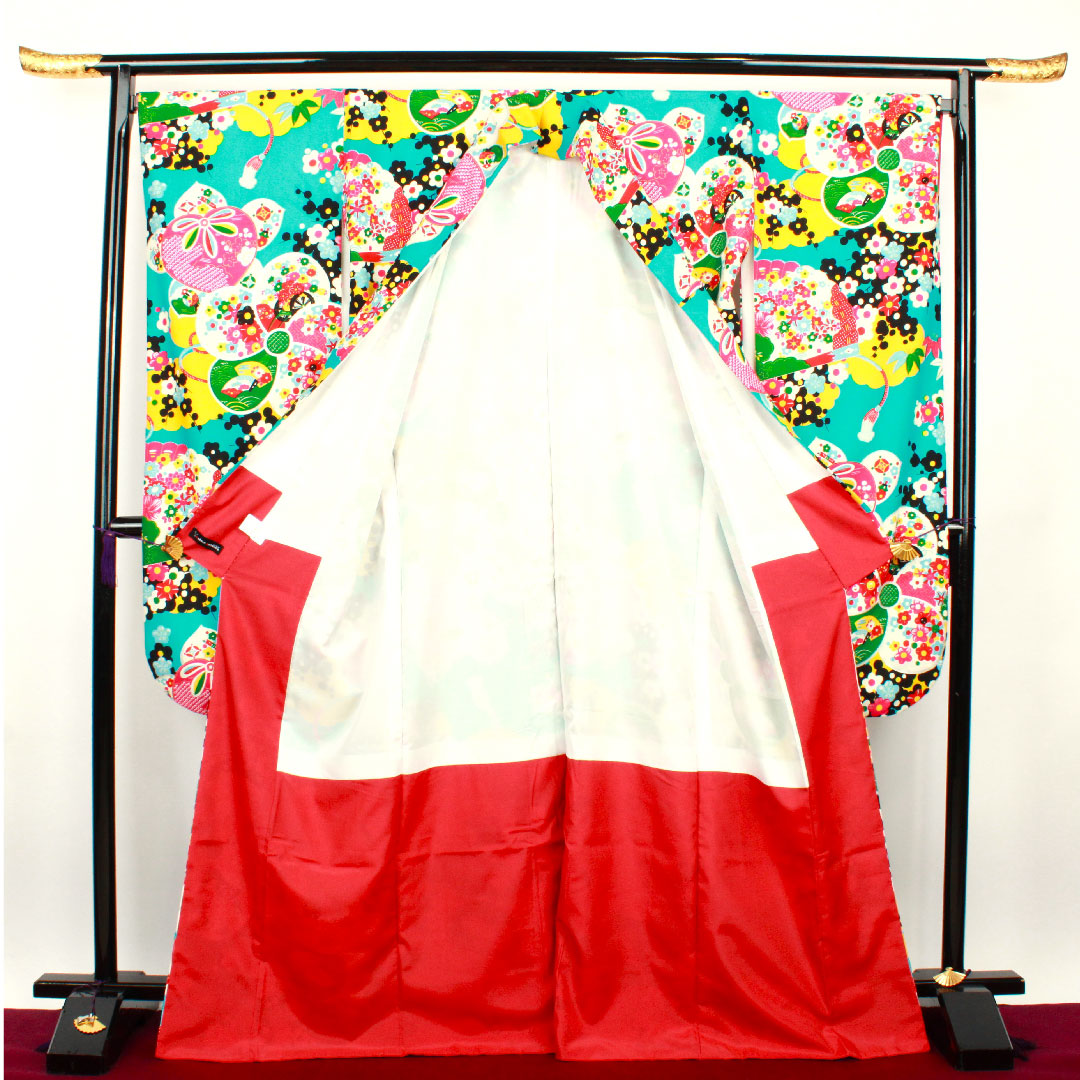 振袖 身丈170cm 裄丈70cm 袷 新橋色 洗える着物 梅 ポリ Sランク 青系 1113000982617