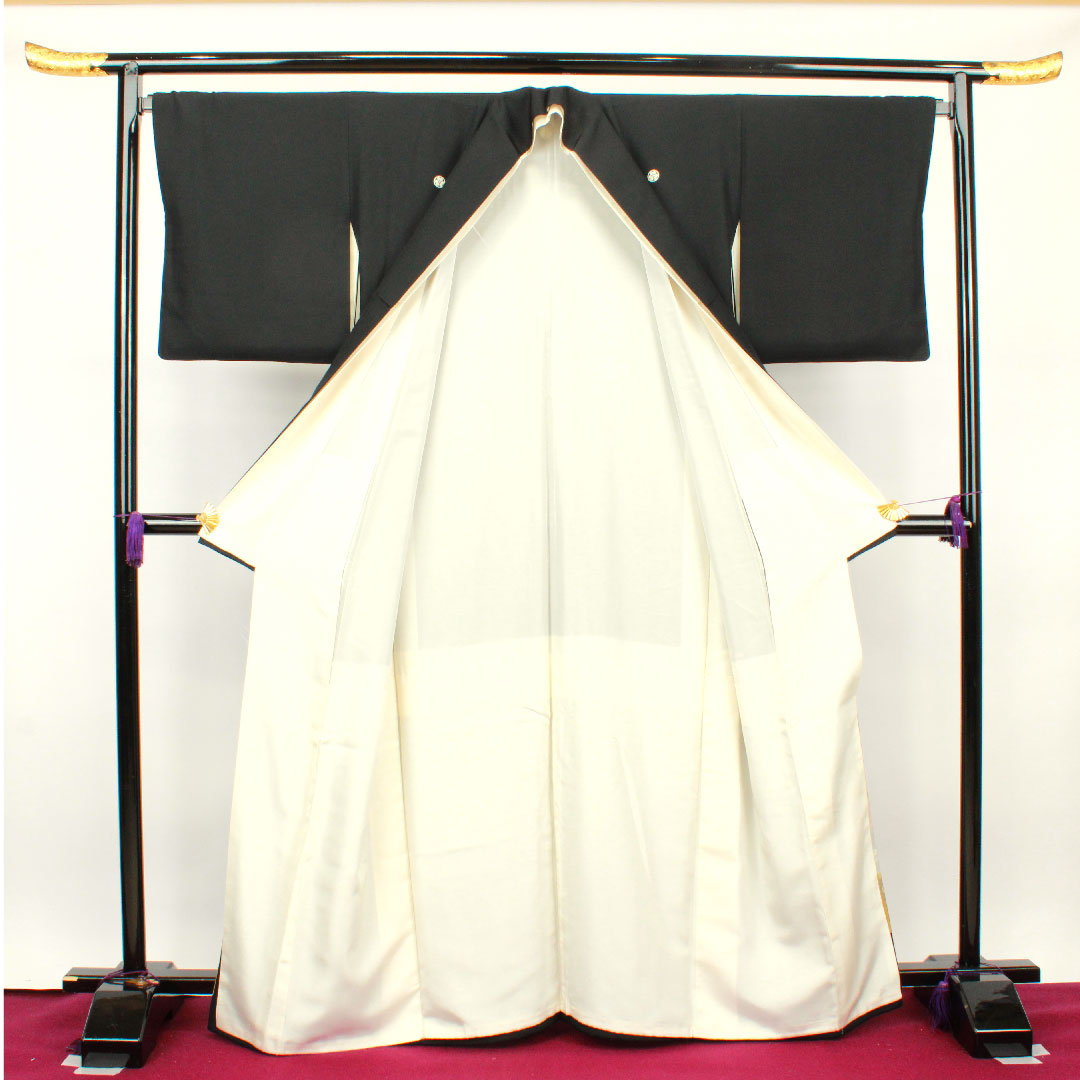 Black Tomesode, Length 166cm, Sleeve Length 66.5cm, Awase, Kyoto Yuzen, Floral Pattern, Katabami, Pure Silk, A Rank, Five Crests, Black, 1111000743510