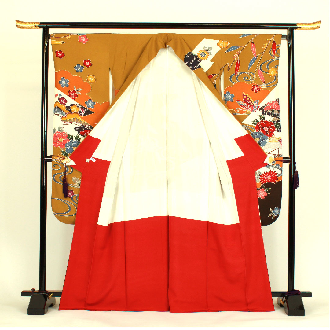 振袖+長襦袢セット 身丈169.5cm 裄丈68cm 袷 京紅型 蝶 菊 菖蒲 正絹 Aランク 黄系 1113000453523