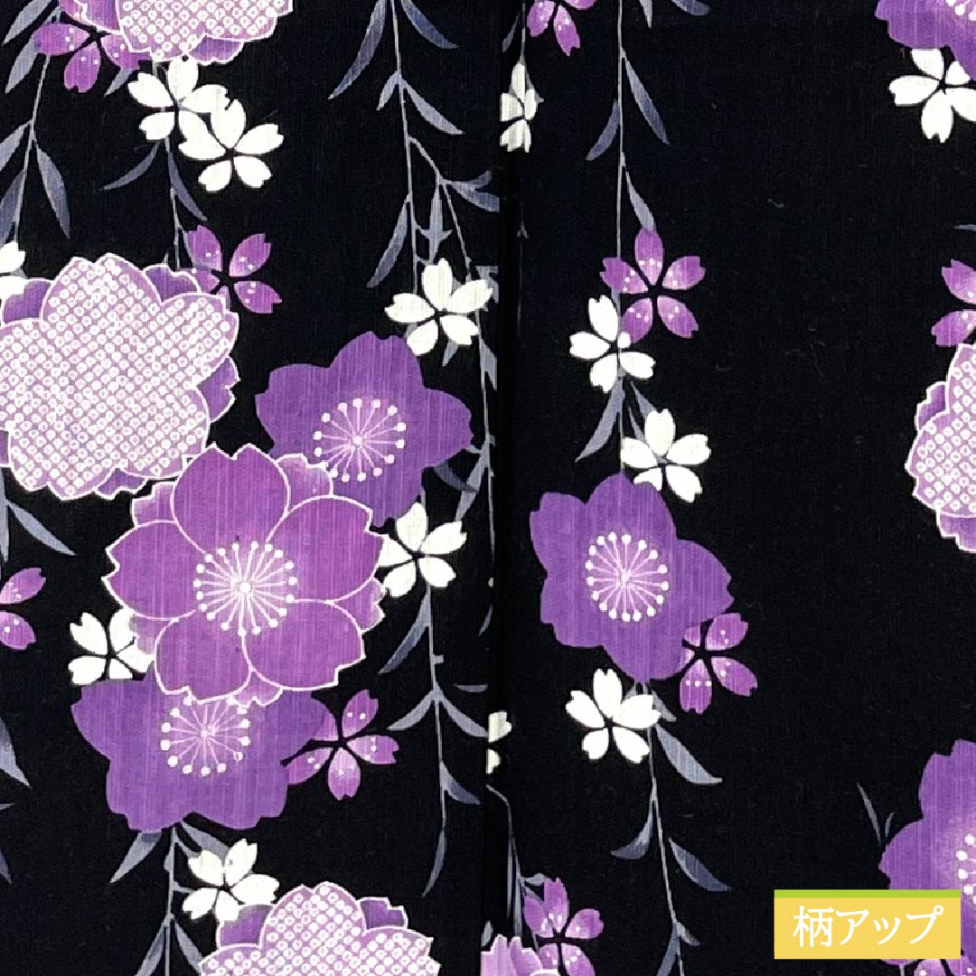 Cotton-linen Yukata, Length 165cm, Sleeve Length 69cm, Rank A, Single-Layer, Black, Weeping Cherry Blossom Pattern, Cotton-linen, 1118006043510