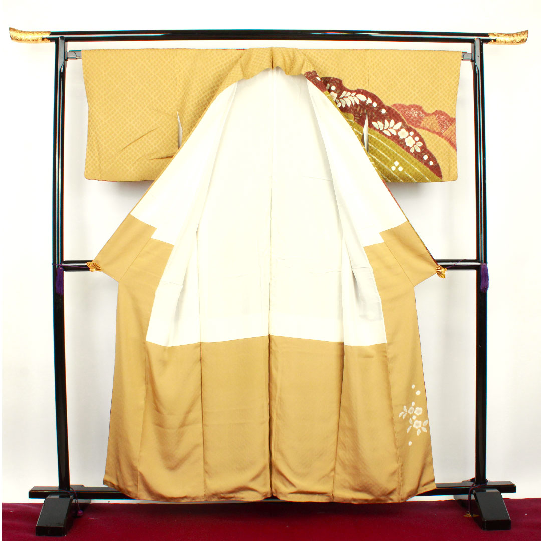 訪問着 袷 身丈158cm 裄丈65cm 楊梅色 作家物 辻ヶ花 絞り 正絹 Sランク 黄系 1112001932323
