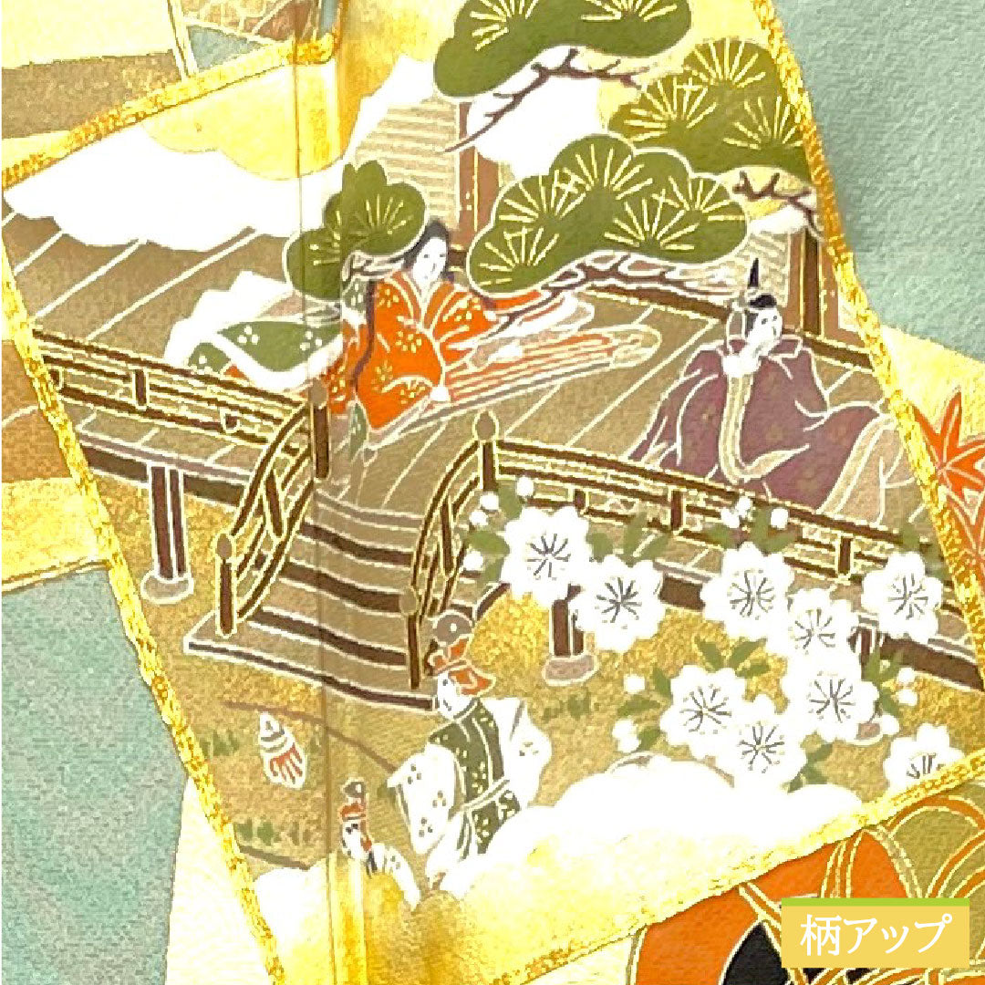 Colored Tomesode, pure silk, length 164.5cm, sleeve length 64.5cm, lined, celadon color, Kyoto Yuzen, period picture scroll pattern, circle with swallowtail butterfly, three crests, with basting thread, unused, S rank, three crests, green, 1111001212419