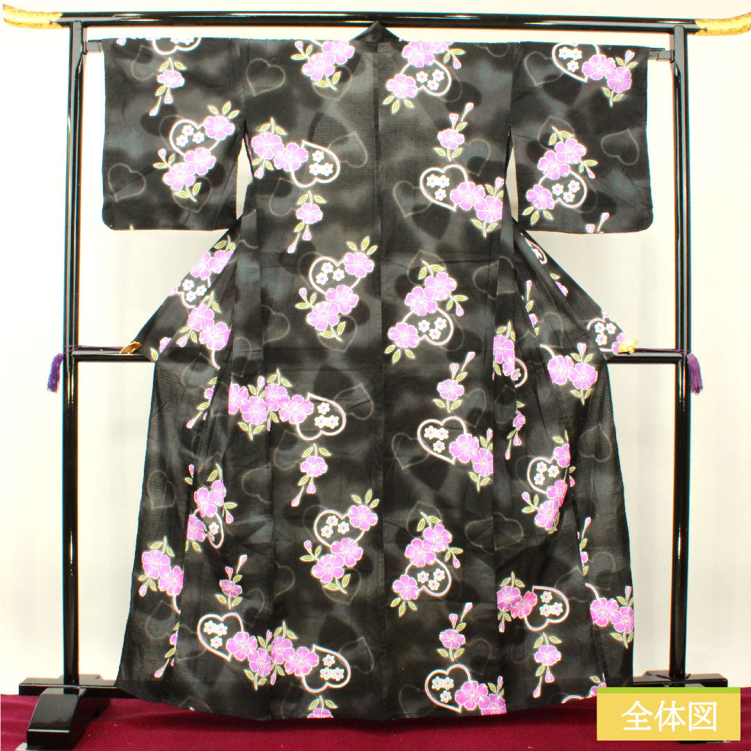 Yukata Cotton Length 163.5cm Sleeve length 67cm S rank Single layer Black Heart Cherry blossom 1118005152410