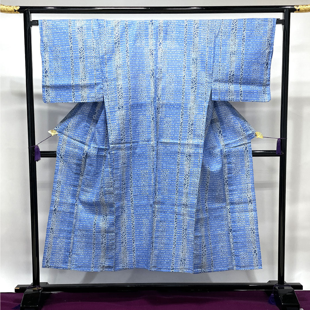 メンズ浴衣 露草色 幾何学模様 木綿 Sランク 単衣 身丈147cm 裄丈69cm 青系 1118002322117