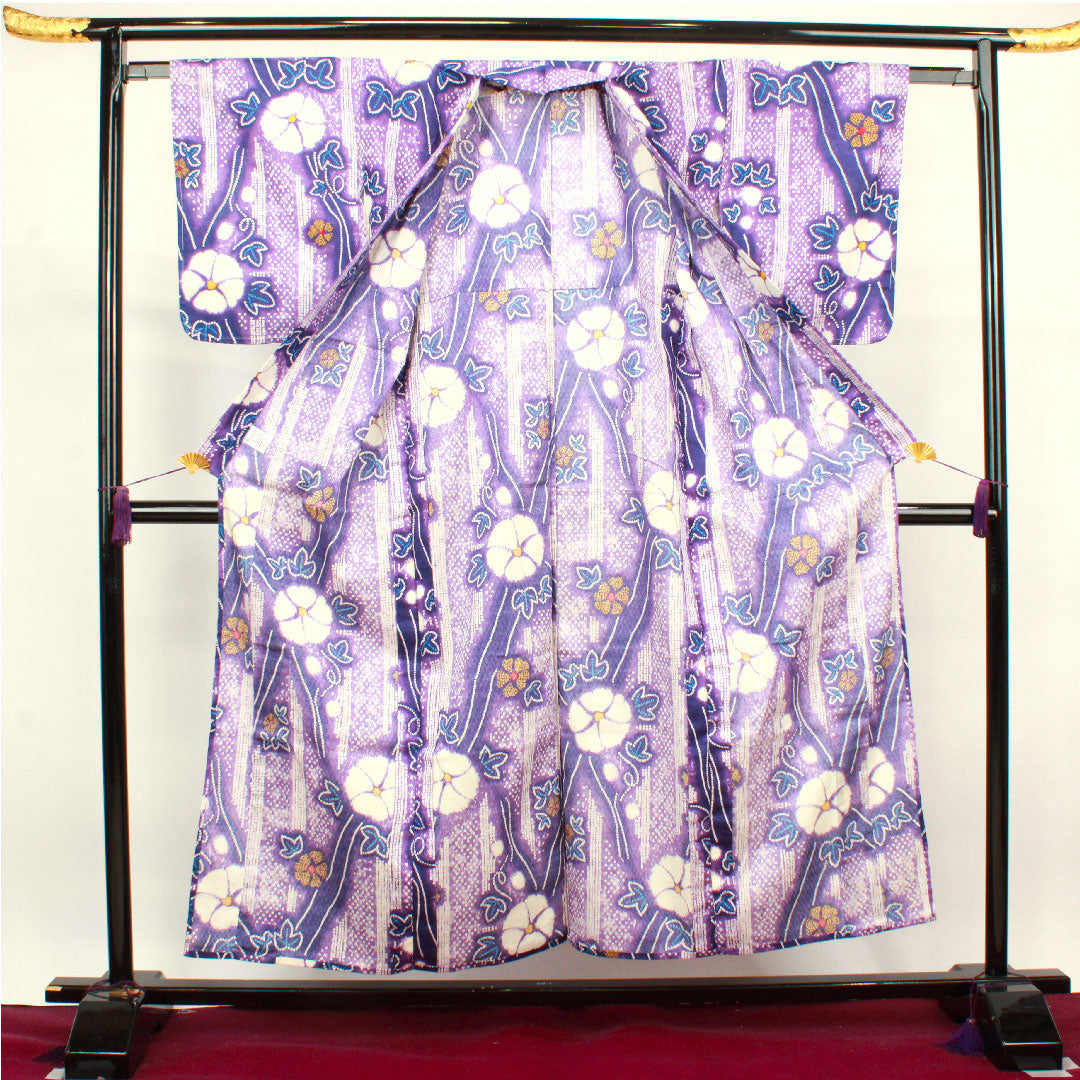 浴衣 しつけ糸付き 未使用品 葡萄紫色 朝顔 木綿 Sランク 単衣 身丈155cm 裄丈62.5cm 紫系 1118003172320