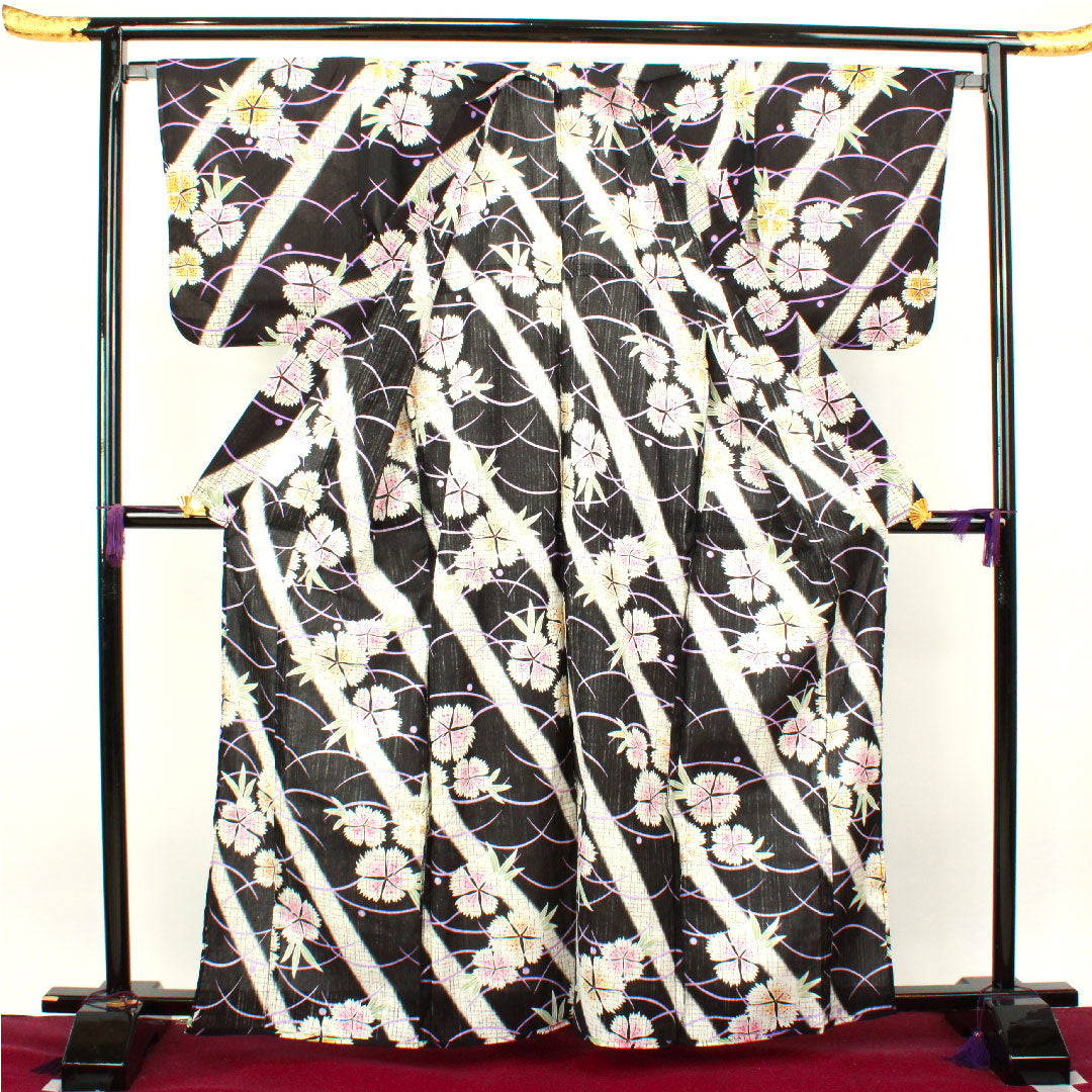 浴衣 撫子 露芝 木綿 Sランク 単衣 身丈164cm 裄丈66cm 黒系 1118003222410