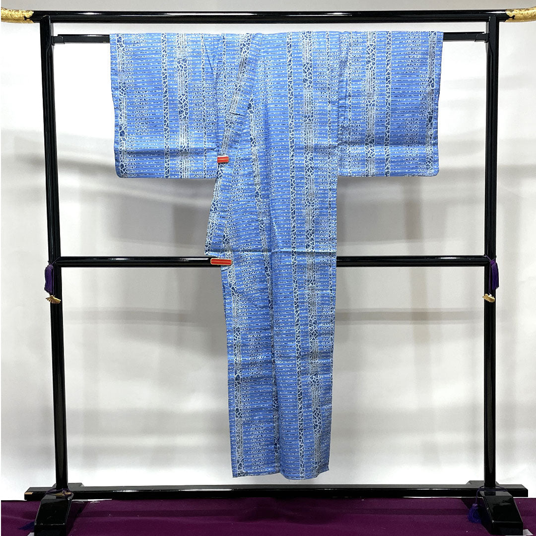 メンズ浴衣 露草色 幾何学模様 木綿 Sランク 単衣 身丈147cm 裄丈69cm 青系 1118002322117