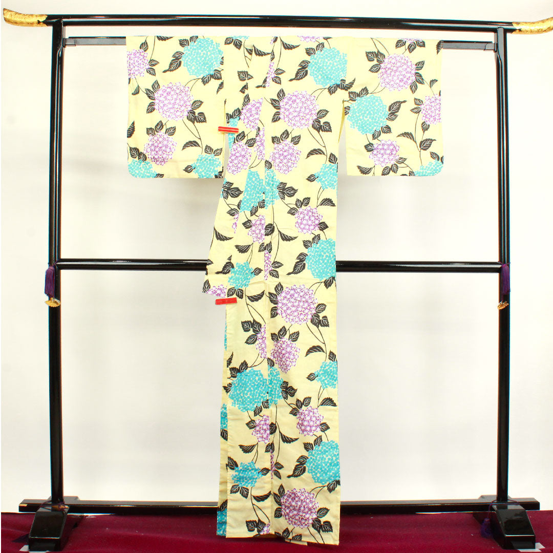 浴衣 淡黄色 紫陽花 木綿 Sランク 単衣 身丈164.5cm 裄丈63cm 黄系 1118002612423