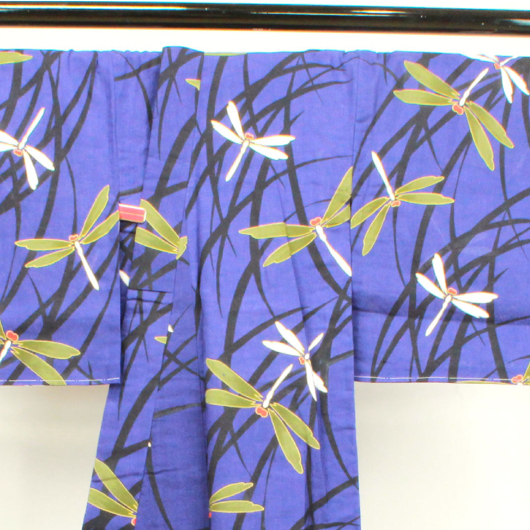 Yukata with basting thread, unused, blue-purple, dragonfly, cotton, S rank, single layer, length 162cm, sleeve length 64.5cm, purple, 1118002882420