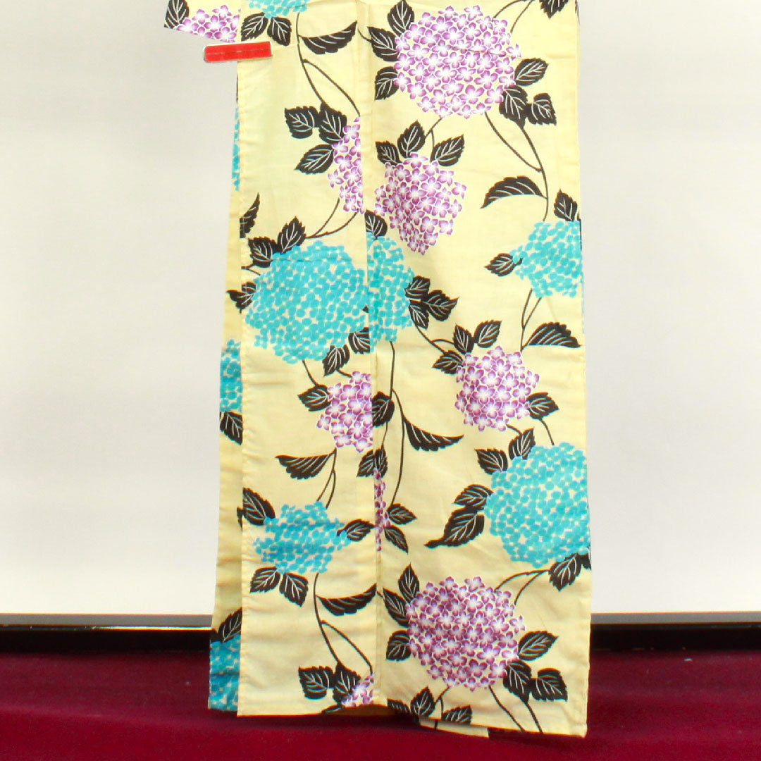 浴衣 淡黄色 紫陽花 木綿 Sランク 単衣 身丈164.5cm 裄丈63cm 黄系 1118002612423
