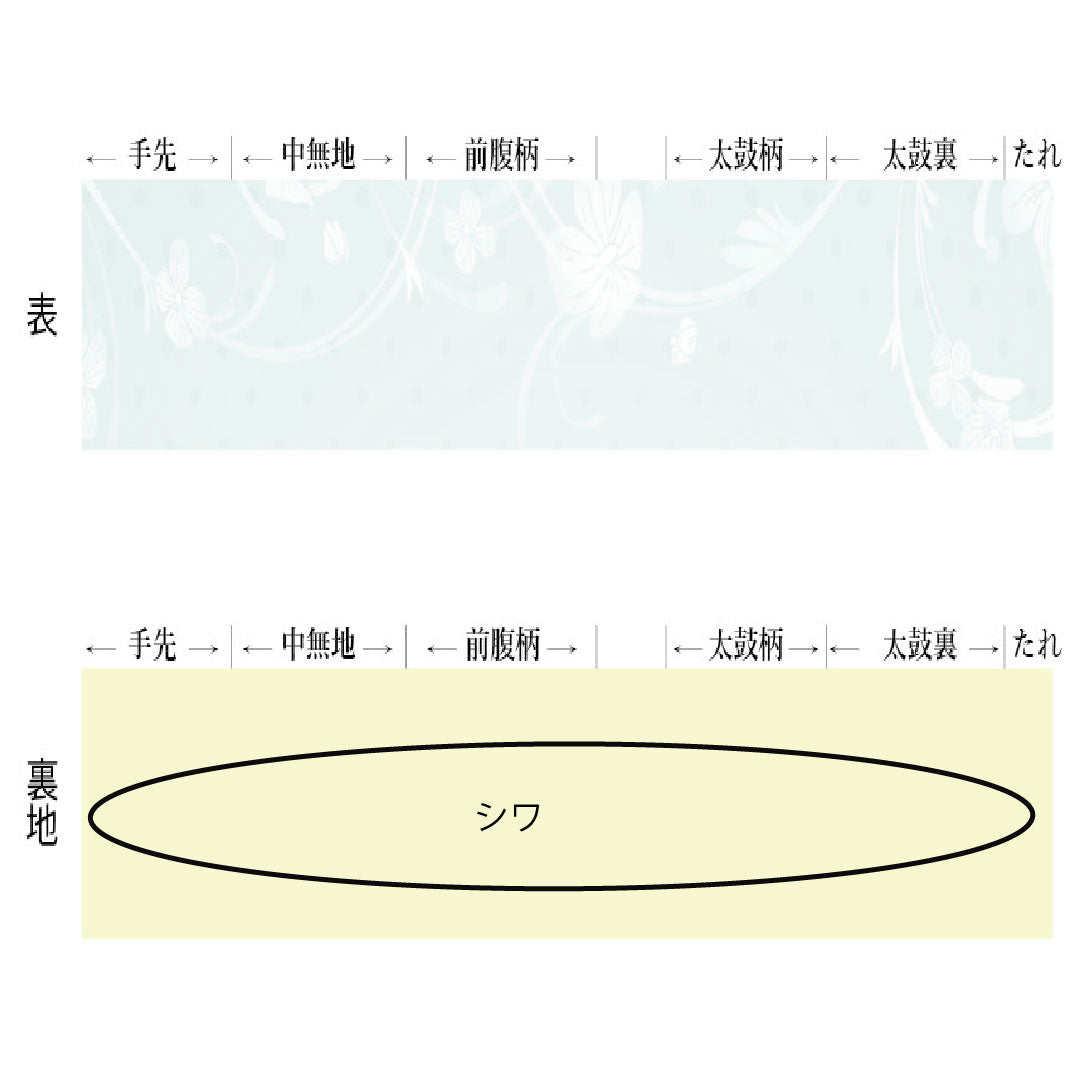 Formal, green-toned, pure silk obi with a crane design, bamboo, and plum motifs, suitable for furisode (long-sleeved kimono). Length: 436cm. Product code: 1123016502319.