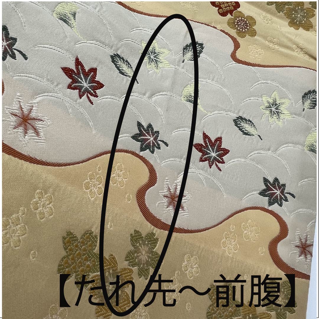 名古屋帯 京袋帯 生成り色 横段 芝草 桜 梅 紅葉 帯丈378cm ポリ Aランク 六通 セミフォーマル クリーム系 1124003483315 開き仕立て