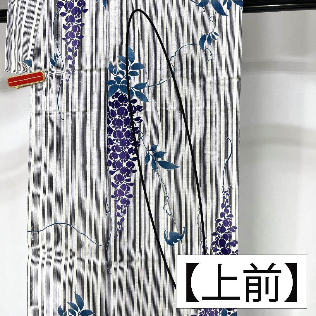 Cotton Yukata, Length 166cm, Sleeve Length 66.5cm, S Rank, Single Layer, White with Wisteria Stripes, 1118006692511