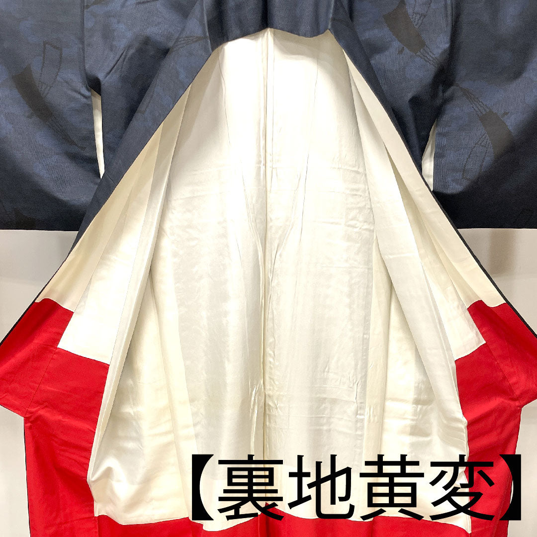 Oshima Tsumugi, Length 164cm, Sleeve length 62cm, Warp and weft ikat, Fan, Pure silk, A rank, Lined, Navy blue, 1116002623418