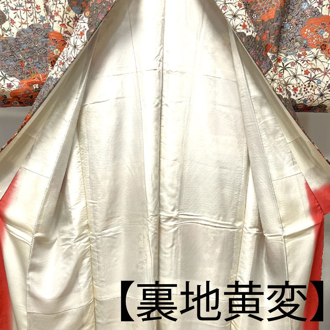 Komon, Length 164.5cm, Sleeve length 63cm, Awase, Neri-iro, Floral pattern, Pure silk, S rank, Cream color, 1115002832415