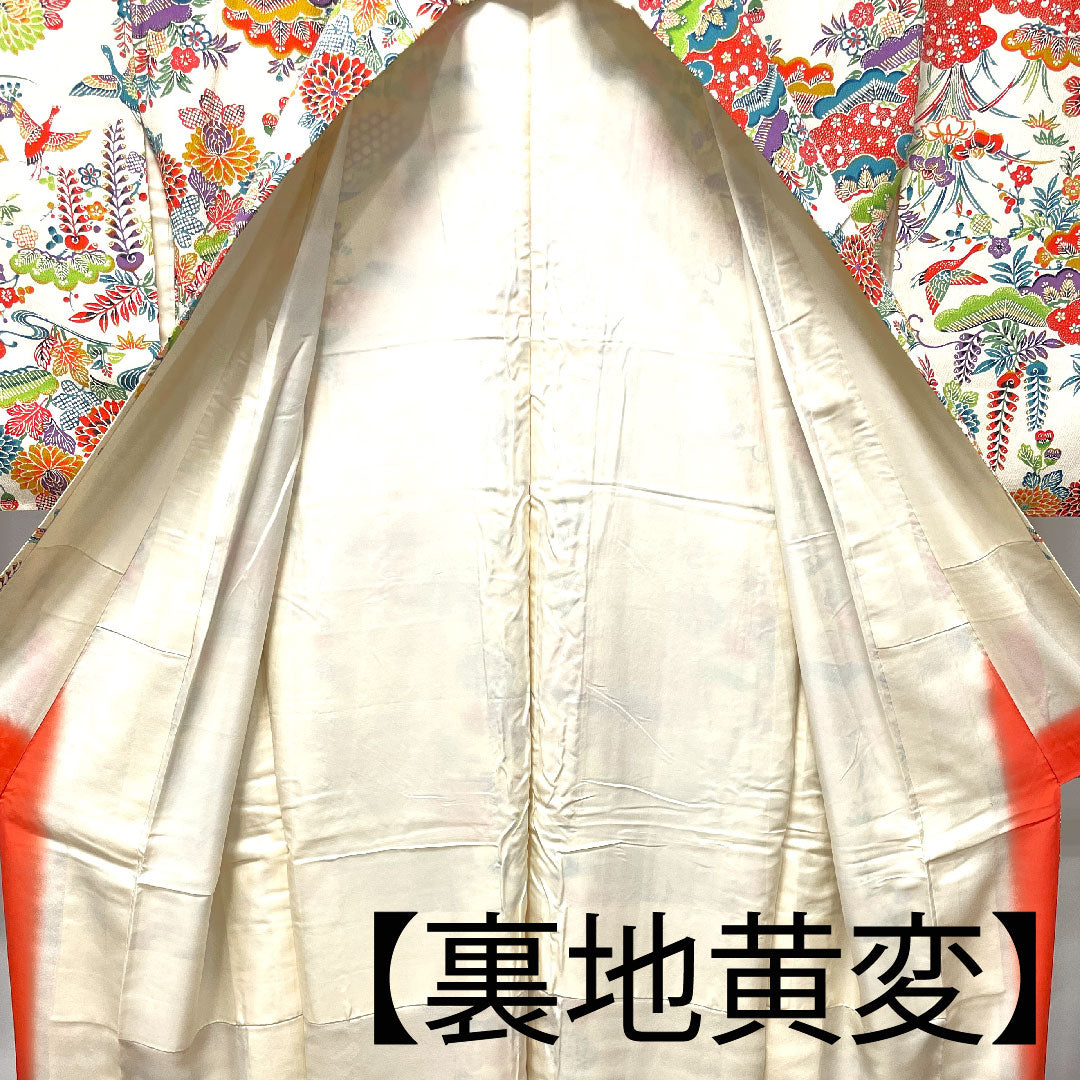 小紋 身丈156cm 裄丈62cm 袷 乳白色 型染 草花模様 正絹 Aランク 白系 1115002853311