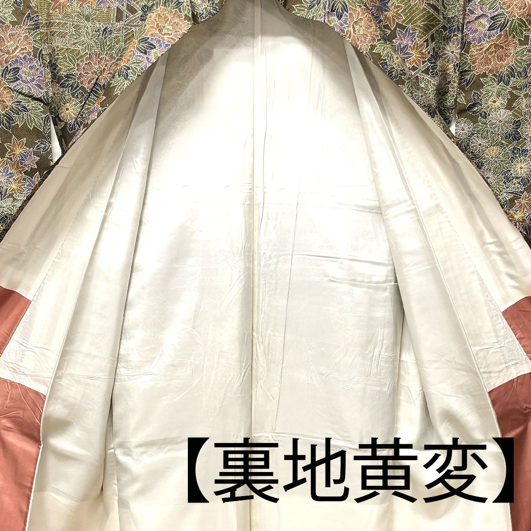 小紋 身丈158.5cm 裄丈64cm 袷 苦色 草花模様 正絹 Aランク 茶系 1115002723314