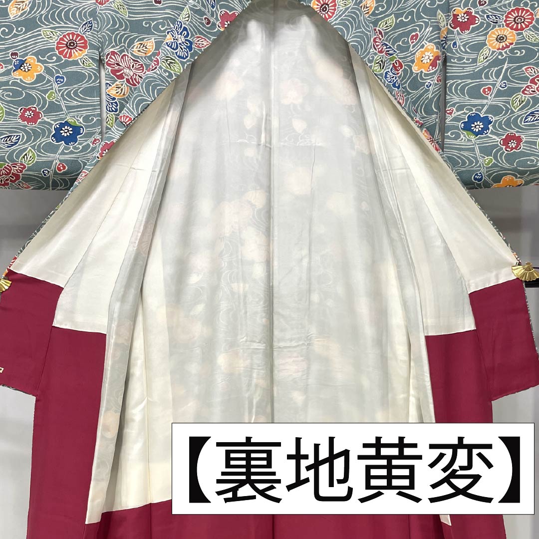 小紋 正絹 身丈169.5cm 裄丈68.5cm 袷 山藍摺色(やまあいずりいろ) 京紅型 ちりめん地 流水 草花模様 Aランク 青系 1115006163517