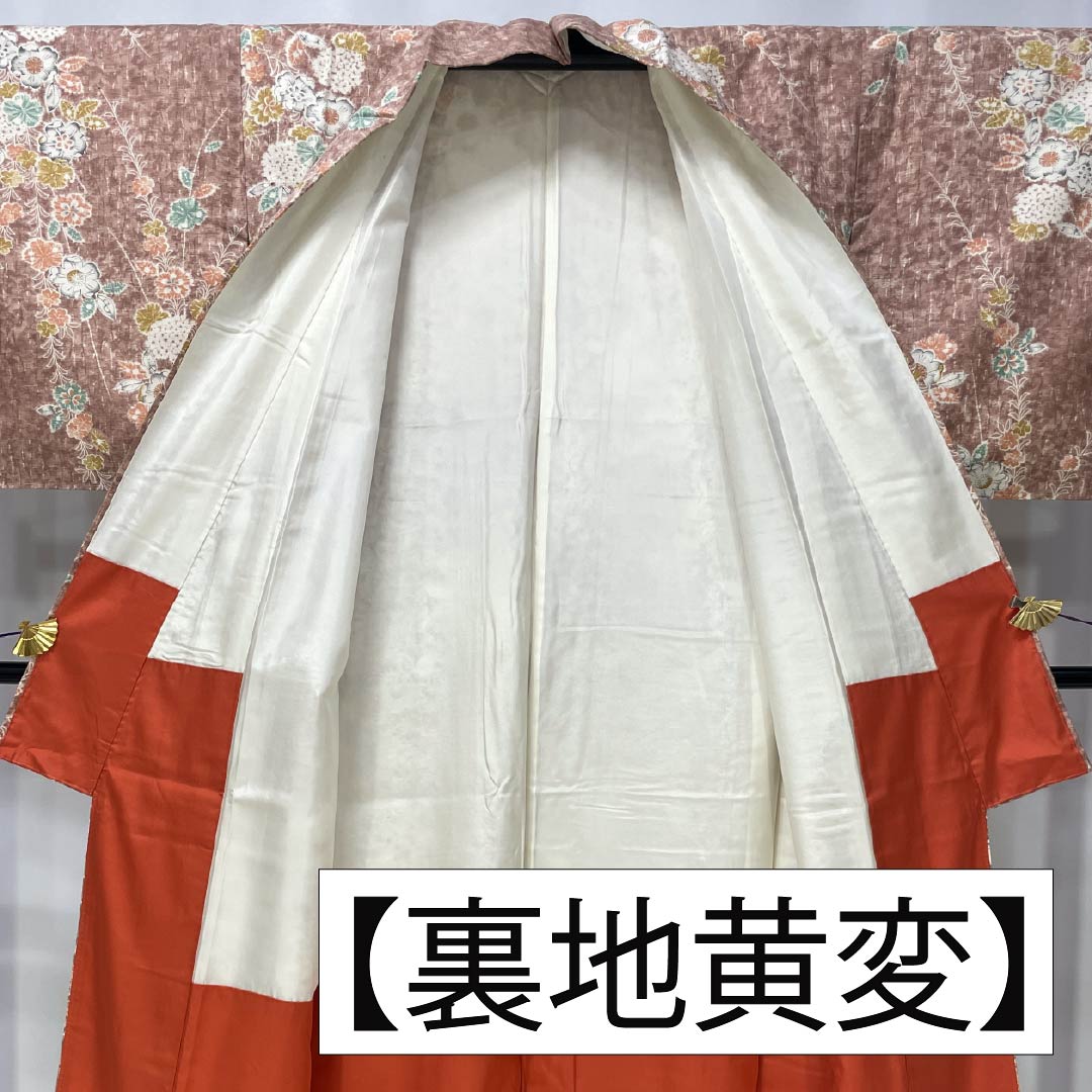 Komon (small pattern) kimono, pure silk, length 162.5cm, sleeve length 62cm, lined, light purple (asa-kisu-iro) color, tsumugi fabric, Tsujigahana (flower) pattern, A rank, pink, 1115006233413