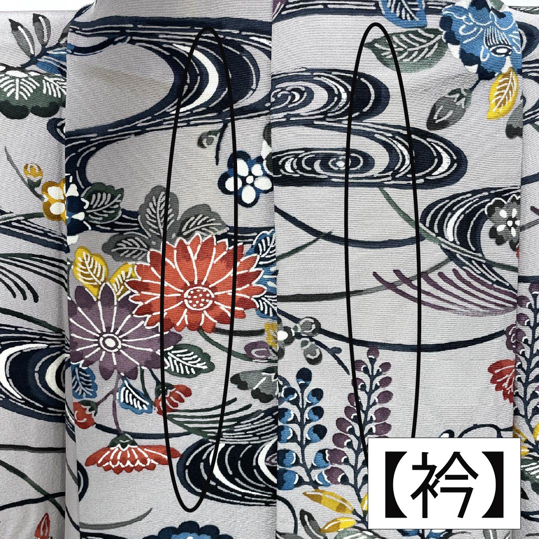Komon silk, A-rank, length 157.5cm, sleeve length 62.5cm, lined, light ink color (usuzumiiro), Kyoto Bingata pattern, flowing water and floral pattern, gray tones, product number 1115006373322