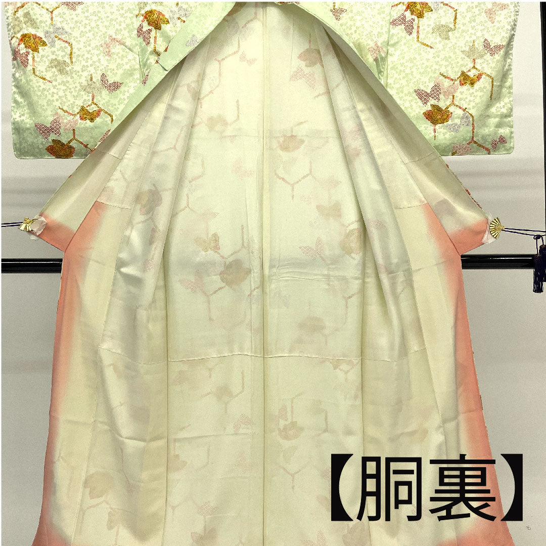 Small pattern, Length 161cm, Sleeve length 66cm, Awase, Butterfly and tortoiseshell pattern, Washable kimono, Polyester, B rank, Green, 1115001014319