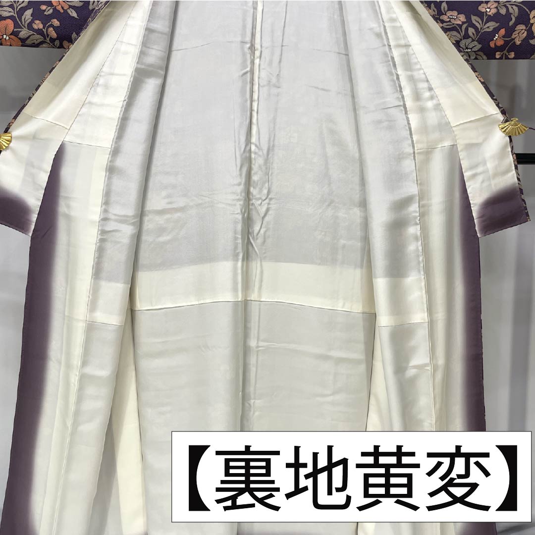 Komon (small pattern) kimono, pure silk, length 162cm, sleeve length 64cm, lined, deep purple (Fukaki Murasaki Iro), Saaya pattern, floral pattern, S rank, purple, 1115005972420