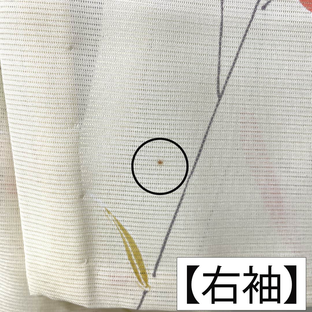夏物 ポリエステル 小紋 Aランク 身丈163.5cm 裄丈64cm 白百合色(しらゆりいろ) 草花模様 絽 黄系 1132004513423