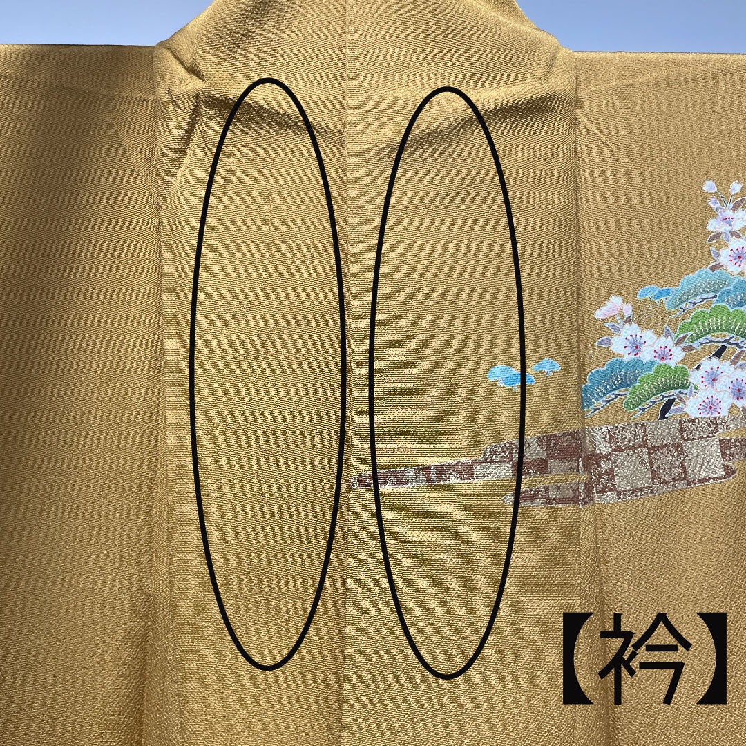 Homongi, lined, length 158.5cm, sleeve length 61.5cm, tan, Kyo-Yuzen, cherry blossom, pure silk, S rank, yellow, 1112002212323