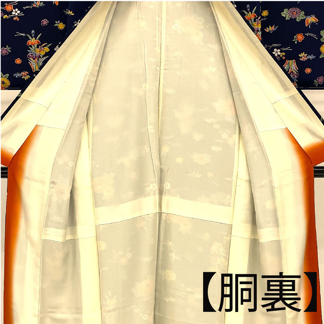 小紋 身丈154cm 裄丈66cm 袷 型染 松竹梅 花模様 正絹 Aランク 紺系 1115001213218