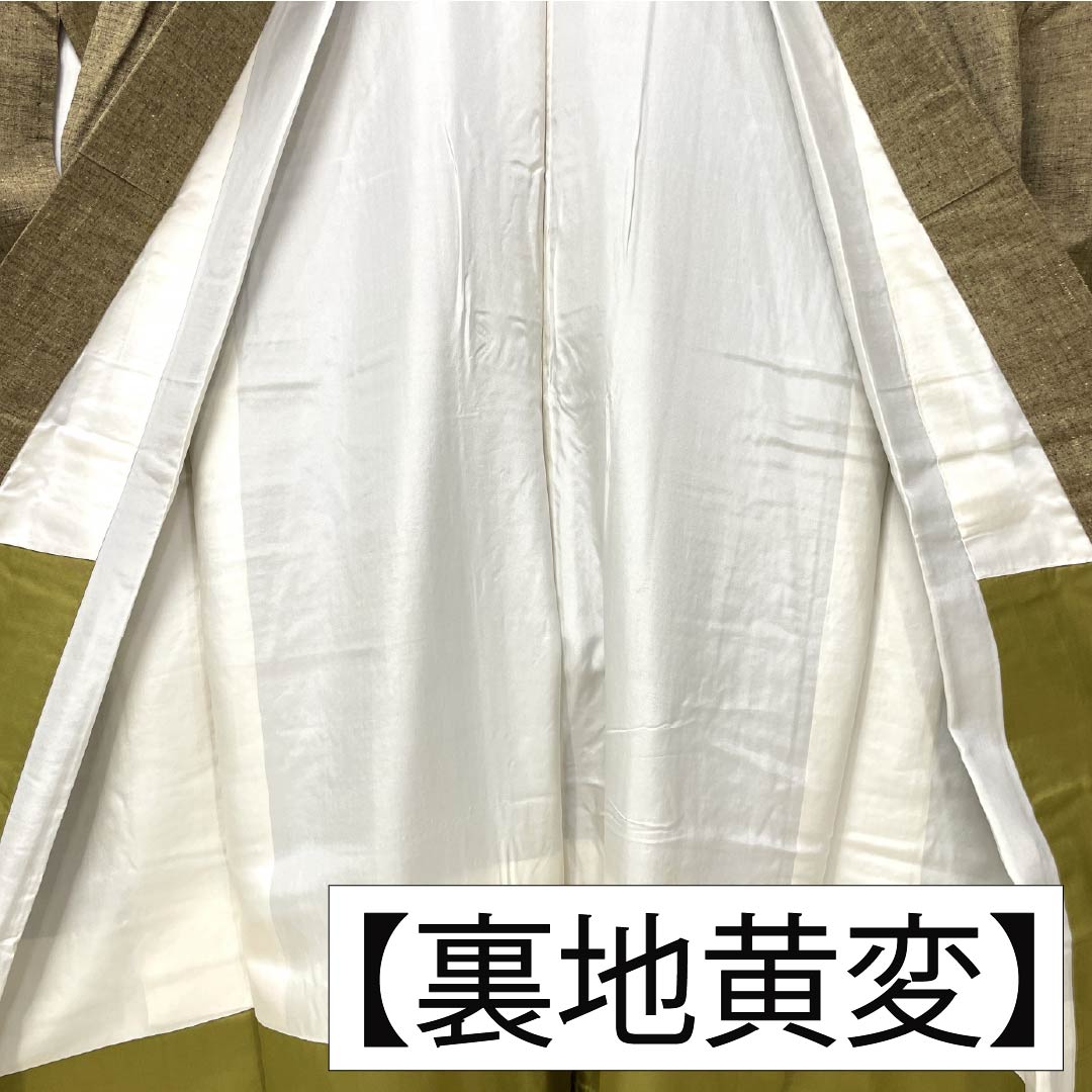 Pure silk tsumugi (pongee) kimono, length 152cm, sleeve length 64cm, agarwood color (kyara-iro), plain, with basting threads, S rank, lined, brown, product number 1116003852214