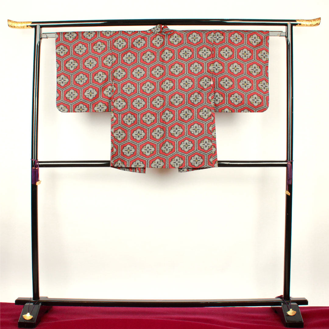 Murayama Oshima Length 151.5cm Sleeve length 62cm Dark red ensemble Tortoiseshell and plum Pure silk A rank Awase Red 1116001633212