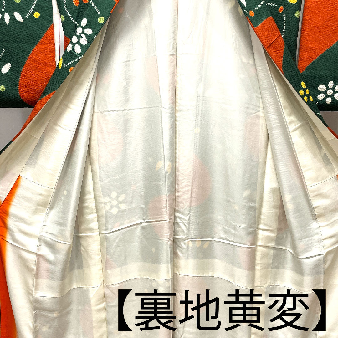 小紋 身丈157cm 裄丈64cm 袷 天鵞絨色 絞り 抽象模様 正絹 Aランク 緑系 1115002963319