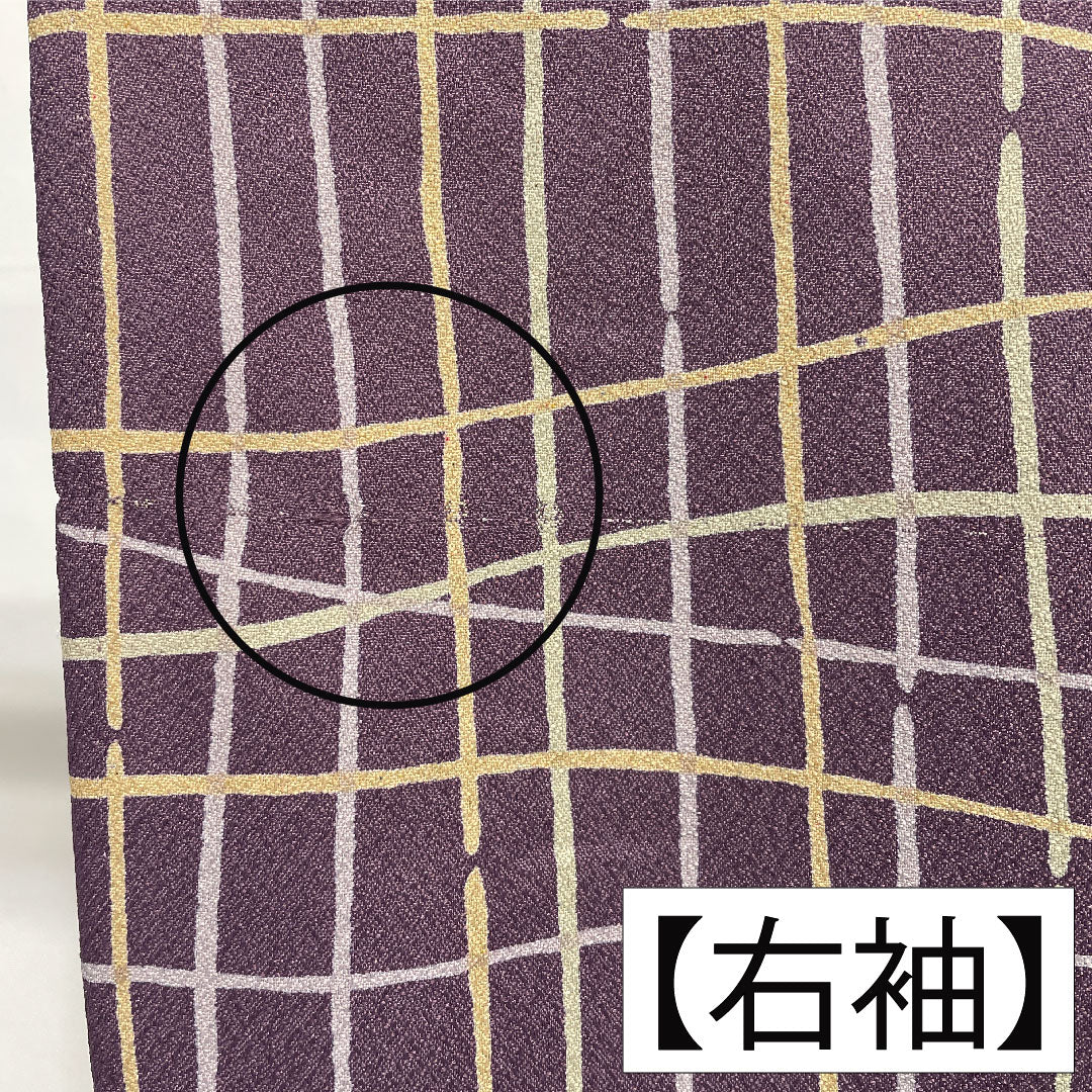Small pattern, polyester, length 159cm, sleeve length 66cm, single layer, ancient purple, washable kimono, checkered pattern, A rank, purple, 1115004863320