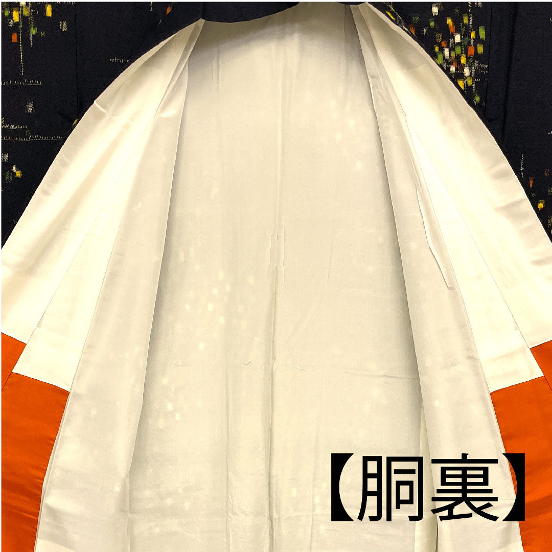 紬 身丈159cm 裄丈66cm 抽象模様 十日町紬 正絹 Sランク 袷 黒系 1116001112310