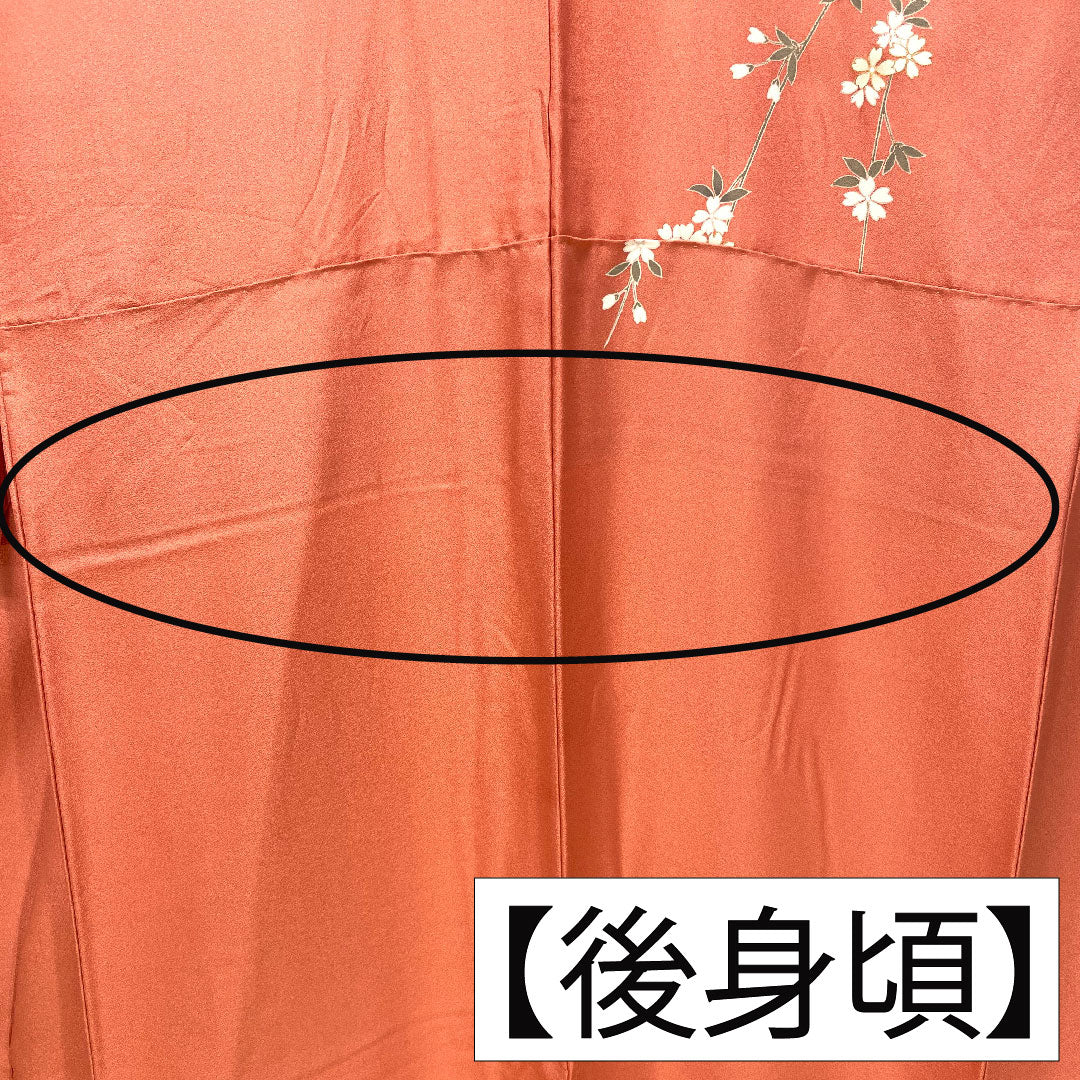 Homongi, pure silk, lined, length 158.5cm, sleeve length 64.5cm, Choshun-iro (Choshu-iro), Kyo-Yuzen, cherry blossom, chrysanthemum, flowing water, auspicious motif, S rank, pink, 1112004442313
