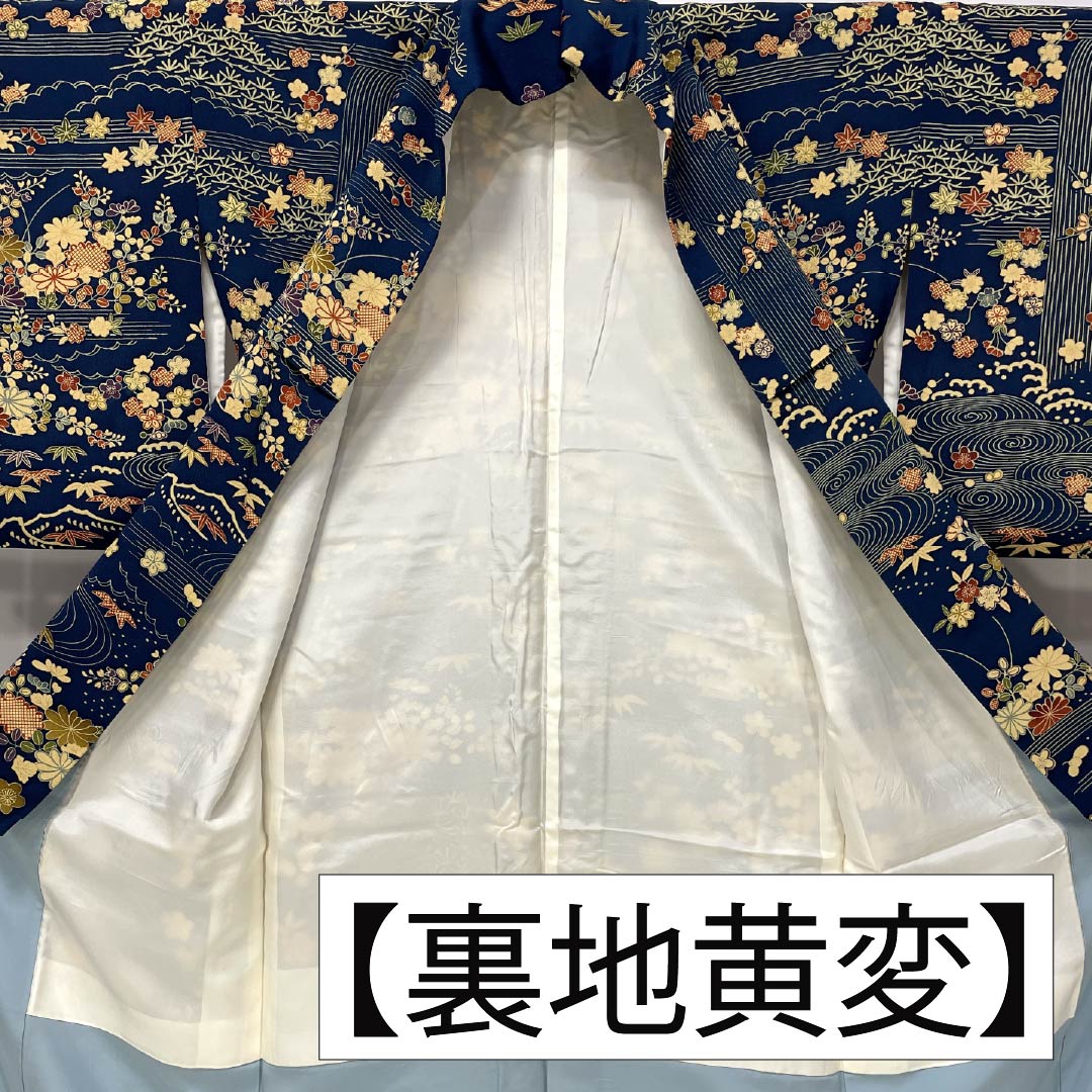 Visiting Kimono, Pure Silk, Grade A, Lined, Length 160cm, Sleeve Length 64.5cm, Navy Blue, Stencil Dyed, Flowing Water, Small Flowers, Navy Blue, Item Number: 1112006913418