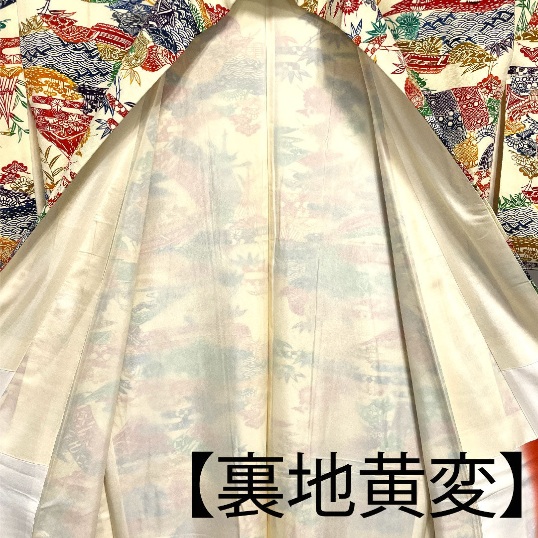 Komon Length 164.5cm Sleeve length 68cm Lined Light yellow Stencil dyeing Mt. Fuji Chayatsuji Pure silk S rank Cream 1115002402415