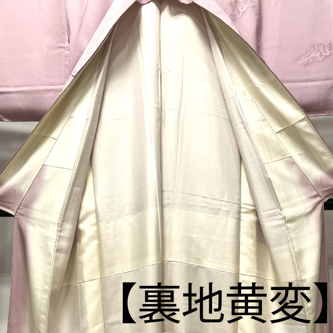 Homongi Awase, Length 153.5cm, Sleeve-to-shoulder 61.5cm, Obi-beni color, Landscape pattern, Gradation dyeing, Pure silk, S Rank, Pink系, 1112002202213
