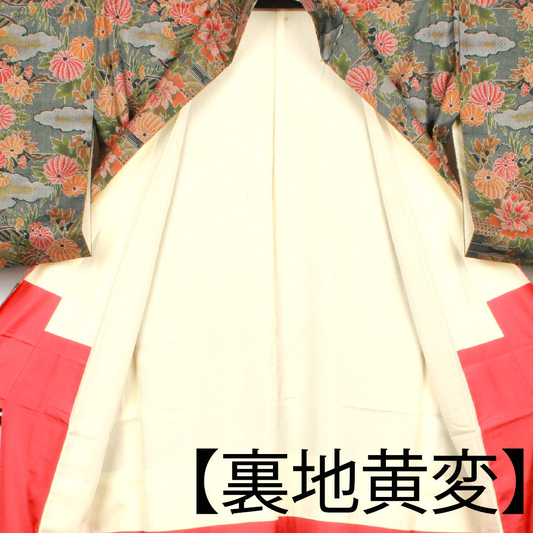 Oshima Tsumugi, Length 156.5cm, Sleeve length 64.5cm, Warp and weft ikat, Floral pattern, Pure silk, A rank, Lined, Green, 1116001853319