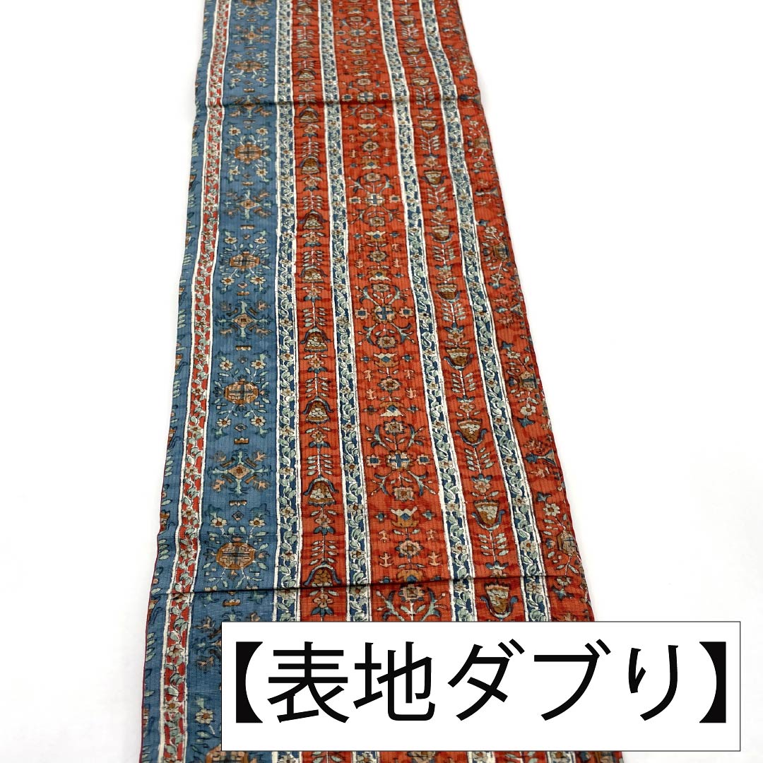 半幅帯 正絹 Aランク 牛血紅色(ぎゅうけつこういろ) 更紗 染帯 帯丈368cm 朱系 1125002853316