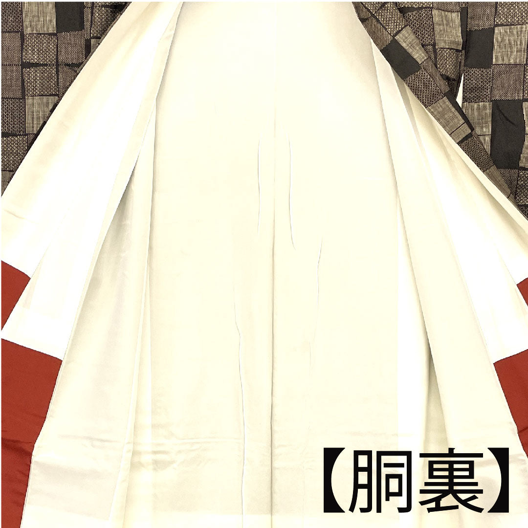 Oshima Tsumugi, Length 163cm, Sleeve length 62cm, Masu pattern, 5 marks, Pure silk, S rank, Awase, Brown, 1116000832314