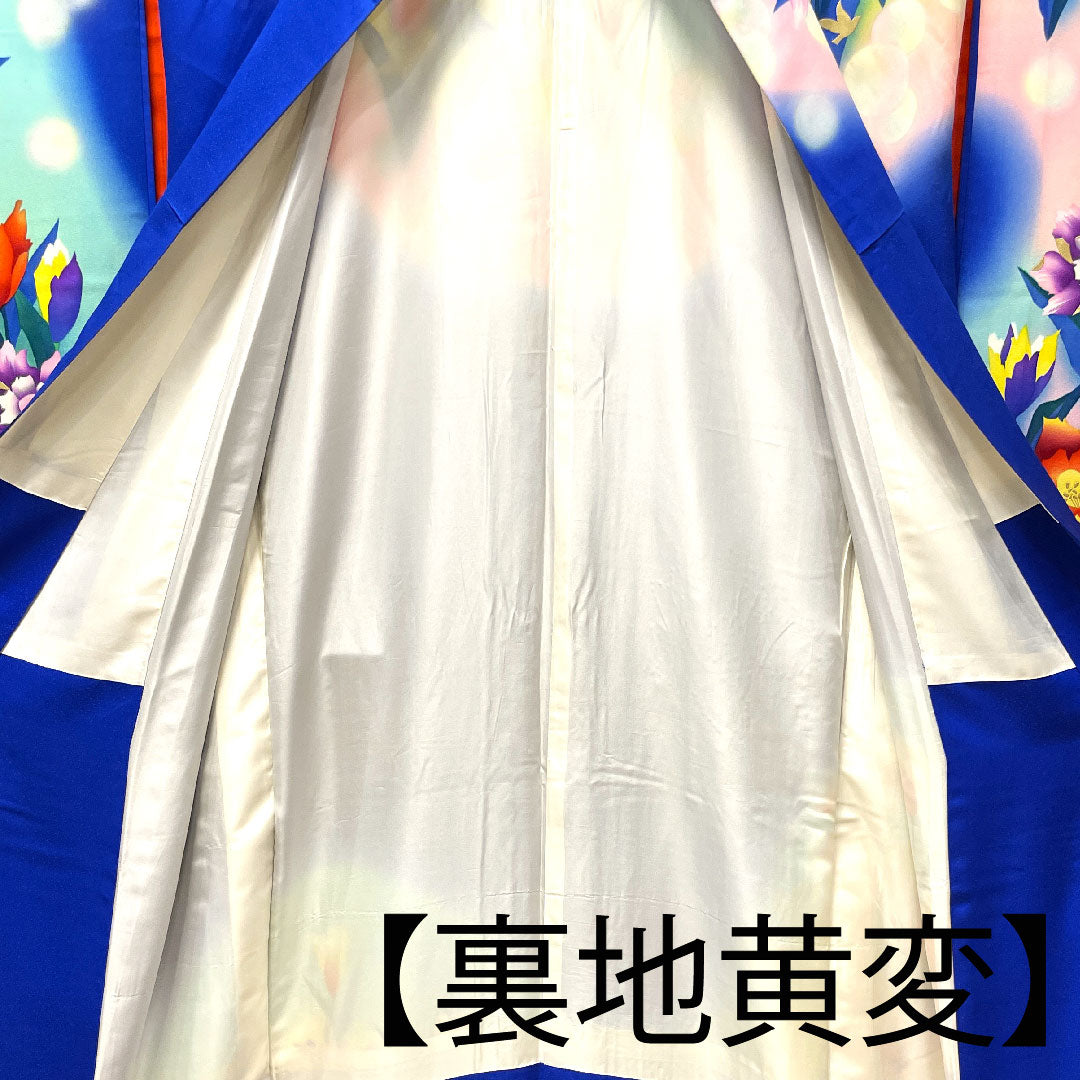 振袖 身丈176.5cm 裄丈64cm 袷 瑠璃色 花鳥模様 正絹 Bランク 紺系 1113001484818