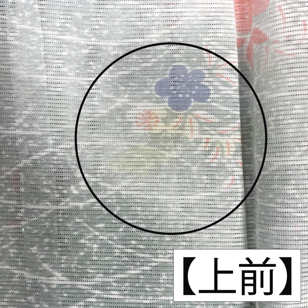夏物 ポリエステル 小紋 Aランク 身丈153.5cm 裄丈62.5cm 青磁色(せいじいろ) 露芝 桜 洗える着物 絽 緑系 1132003373219