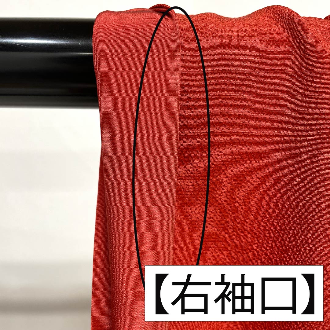 Furisode (long-sleeved kimono) made of pure silk, S-rank, length 167cm, sleeve length 66cm, lined, red, Kyoto Bingata (dyed dye) pattern, auspicious motifs of butterflies, tangerines, and reddish tones, product number 1113002322512