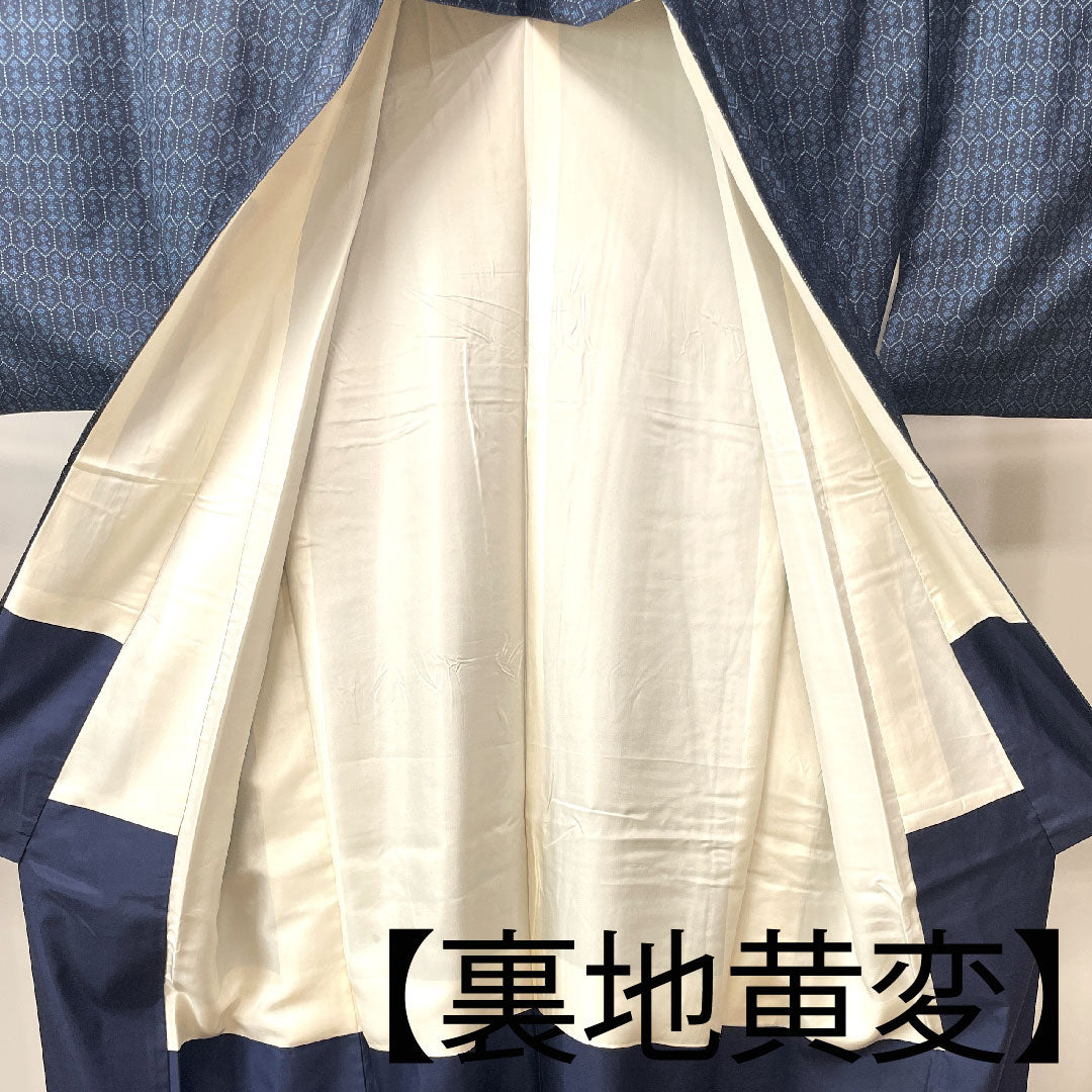 Oshima Tsumugi, Length 160.5cm, Sleeve length 63cm, Dark navy blue, Warp and weft kasuri, Tortoiseshell, Pure silk, A rank, Lined, Navy blue, 1116002593418