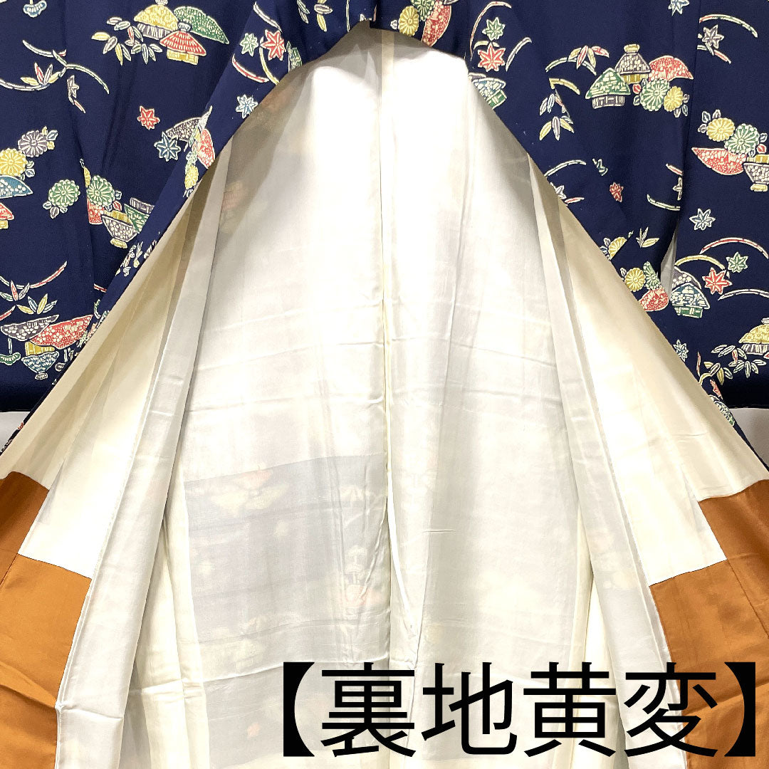小紋 身丈155cm 裄丈63cm 袷 濃紺色 型染 正絹 Aランク 紺系 1115002983318