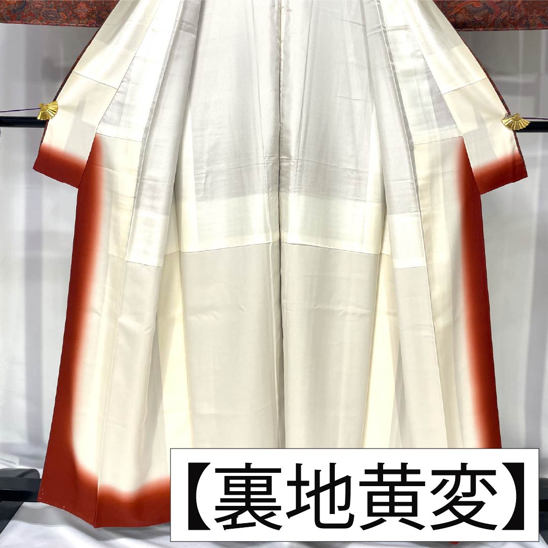 Komon, pure silk, length 159.5cm, sleeve length 64cm, lined, scarlet brown, stencil dyeing, chintz pattern, with basting thread, S rank, brown, 1115005012314