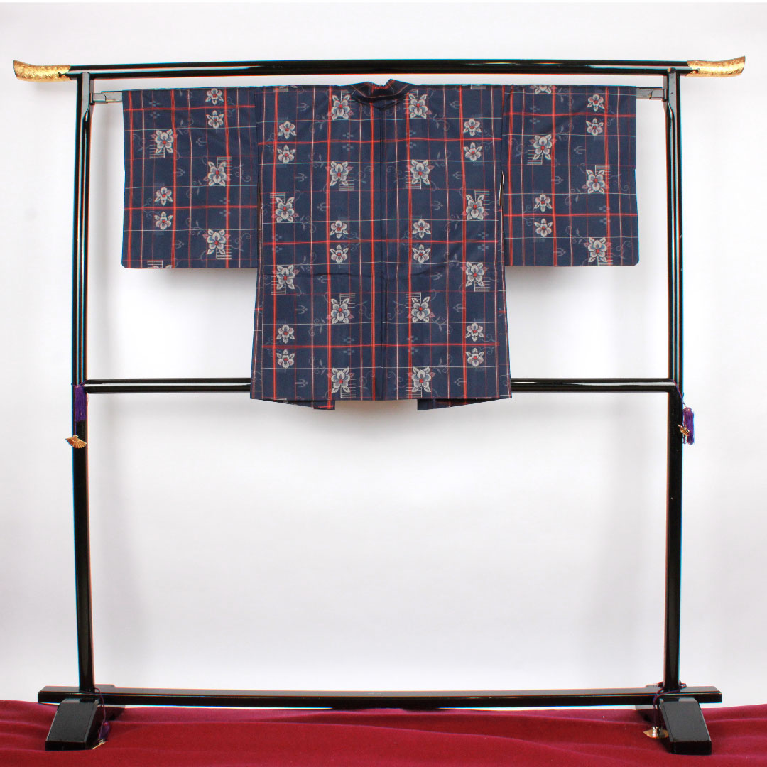 Murayama Oshima Length 160cm Sleeve length 64.5cm Ensemble Lattice Flower pattern Pure silk S rank Awase Navy 1116001932418