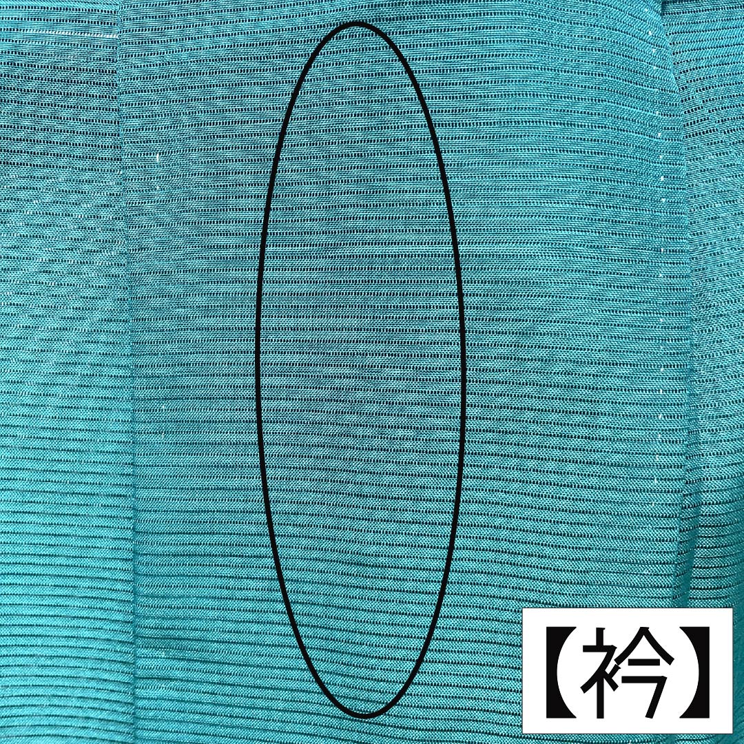 夏物 ポリエステル 色無地 Aランク 身丈155cm 裄丈61cm 織色(おりいろ) 洗える着物 素無地 一つ紋 絽 緑系 1132004053319