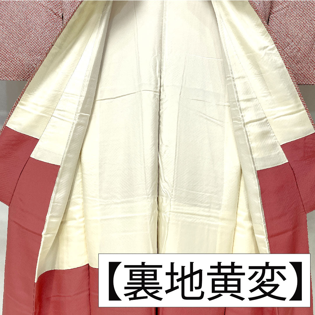 小紋 正絹 身丈155cm 裄丈63cm 袷 積紅色(せきこういろ) 総絞り 疋田絞り Aランク 紫系 1115004643320